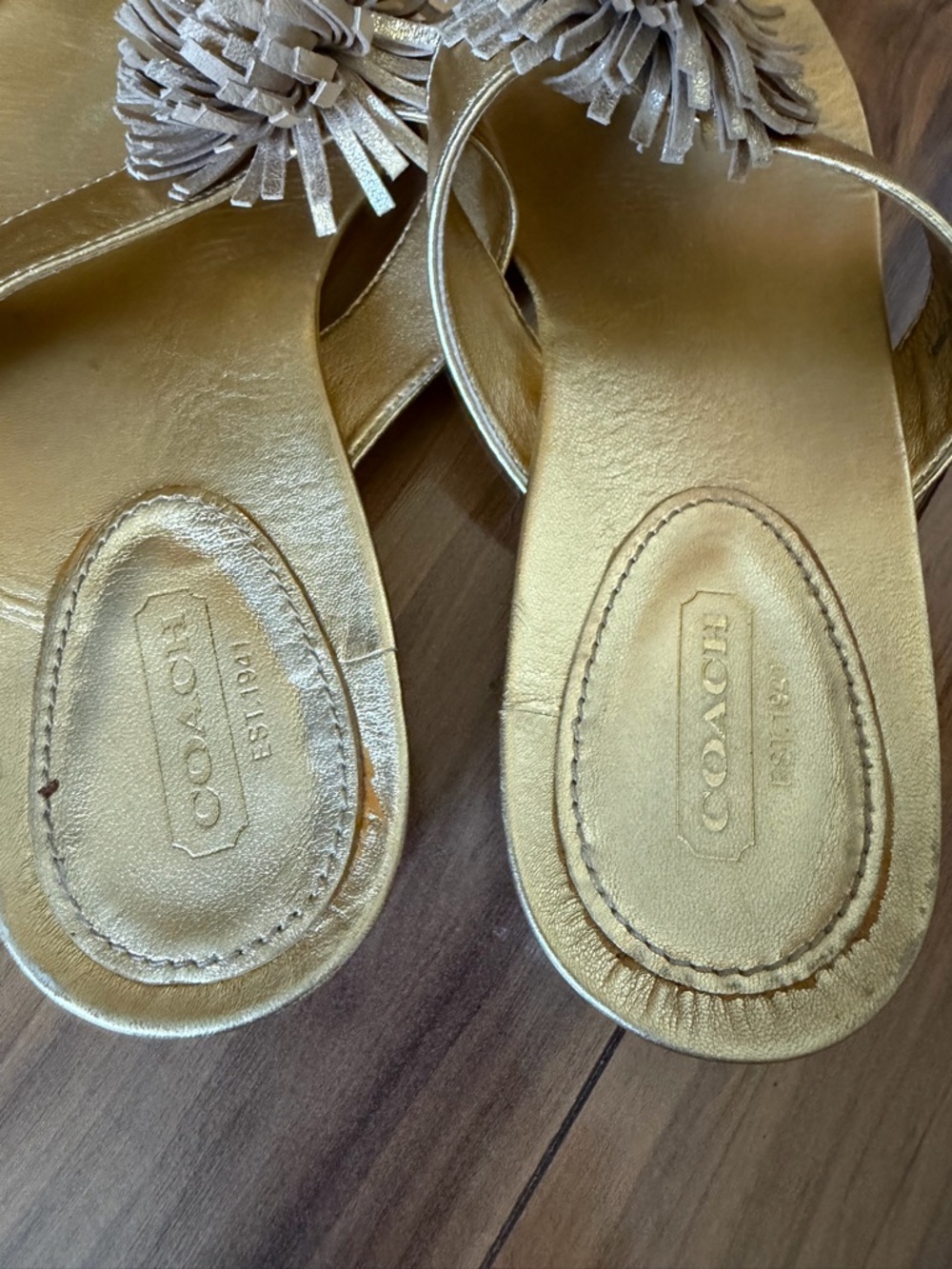 COACH Metallic Gold Leather Tassel Toe-Post Sandals - Picture 9 of 9